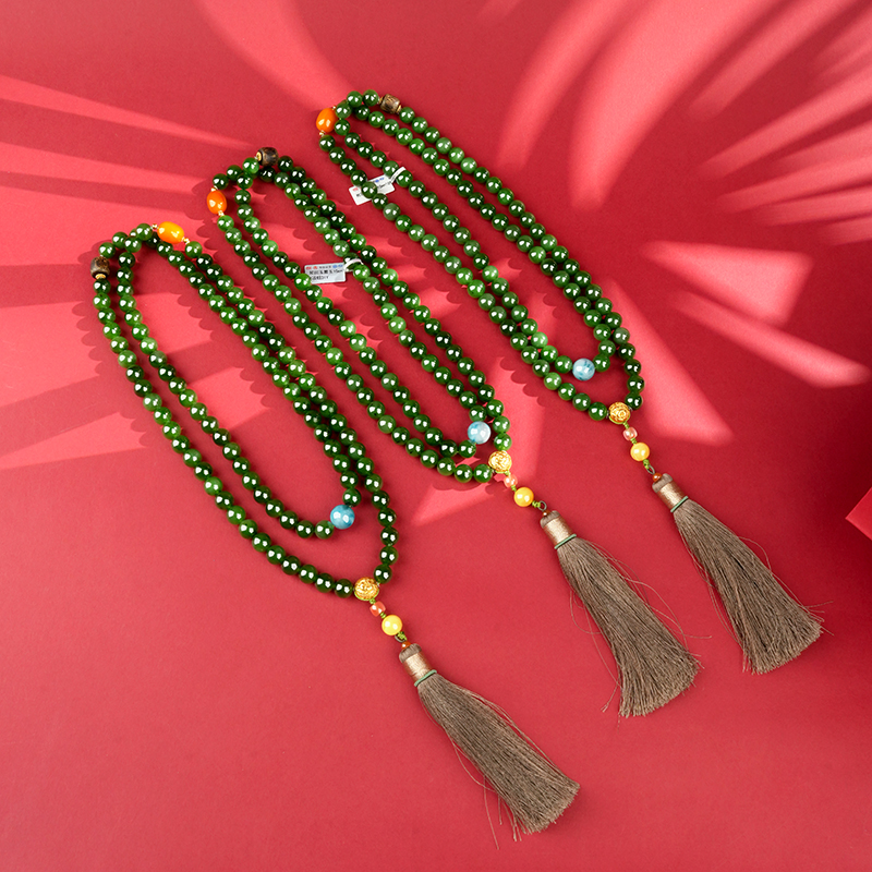 Green Hetian Jade 10mm 108-Bead Long Necklace - image 2