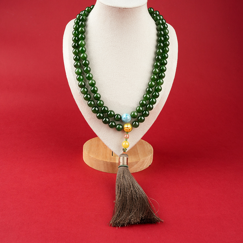Green Hetian Jade 10mm 108-Bead Long Necklace - image 3