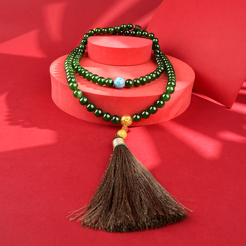 Green Hetian Jade 10mm 108-Bead Long Necklace - image 4
