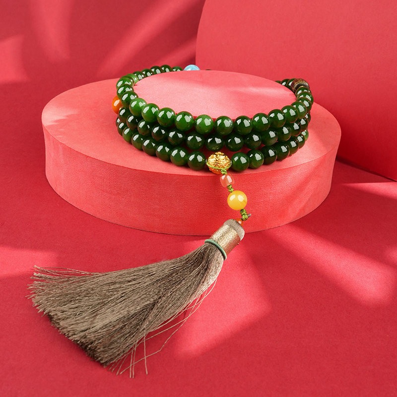 Green Hetian Jade 10mm 108-Bead Long Necklace - image 5