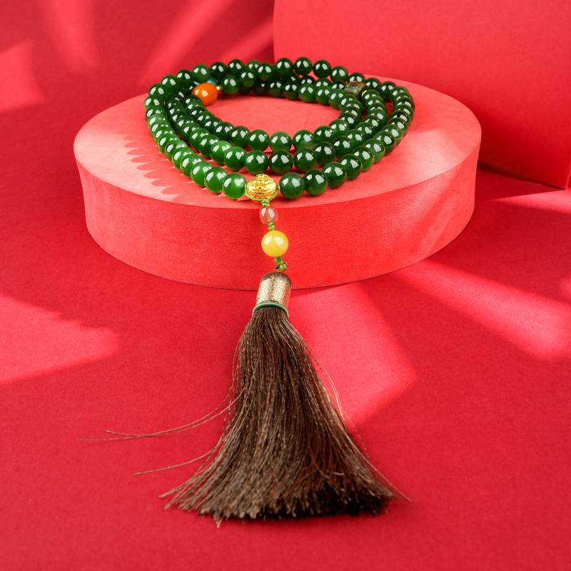 Green Hetian Jade 10mm 108-Bead Long Necklace - image 6