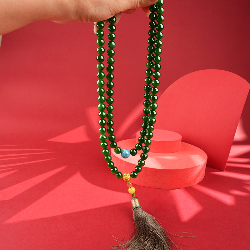 Green Hetian Jade 10mm 108-Bead Long Necklace - image 7