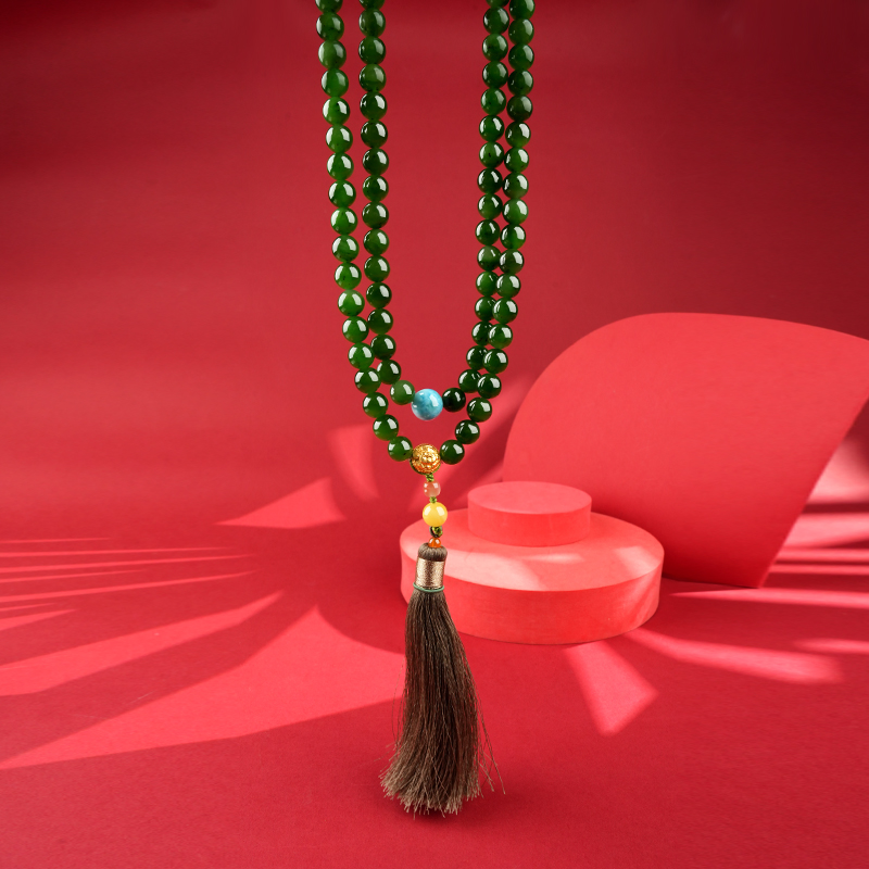 Green Hetian Jade 10mm 108-Bead Long Necklace - image 8
