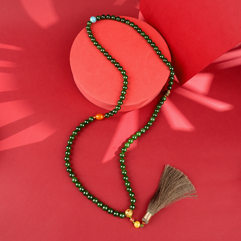 Green Hetian Jade 10mm 108-Bead Long Necklace - image 9