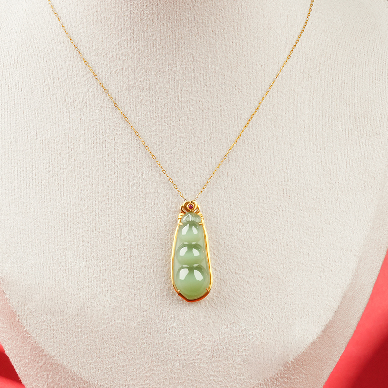 18K Gold Green Hetian Jade Cat’s Eye Bean Pendant - image 3