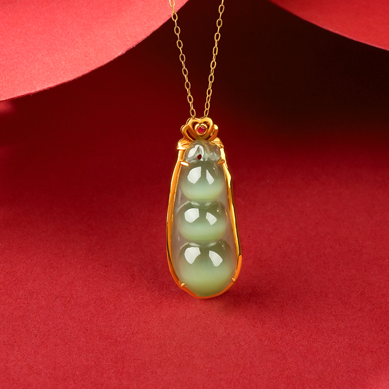 18K Gold Green Hetian Jade Cat’s Eye Bean Pendant - image 4