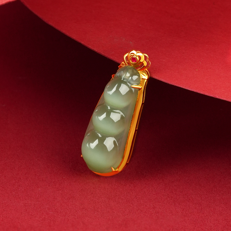 18K Gold Green Hetian Jade Cat’s Eye Bean Pendant - image 5