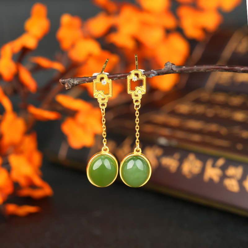 S925 Sterling Silver Green Hetian Jade Drop Earrings - KTB001_04