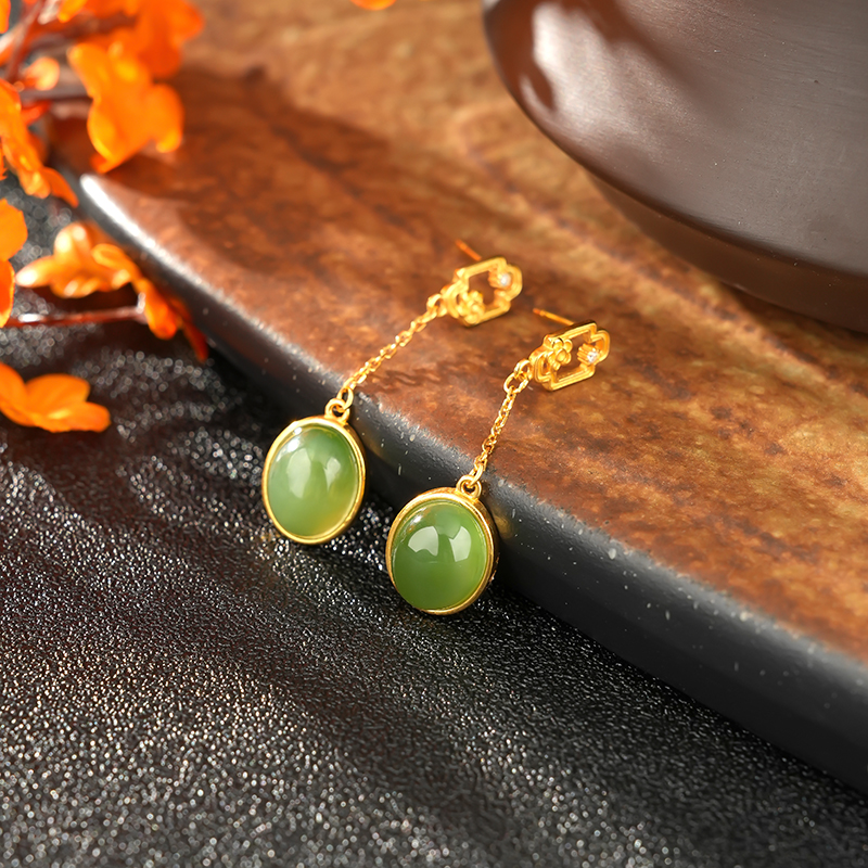 S925 Sterling Silver Green Hetian Jade Drop Earrings - KTB001_05
