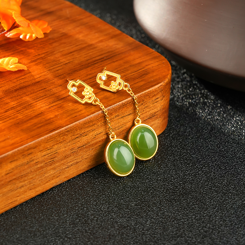 S925 Sterling Silver Green Hetian Jade Drop Earrings - KTB001_06