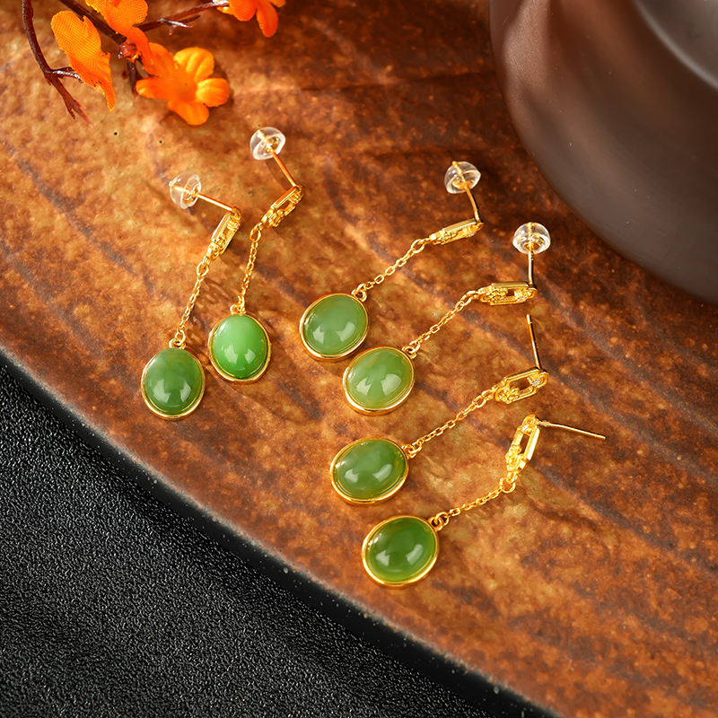 S925 Sterling Silver Green Hetian Jade Drop Earrings - KTB001_07