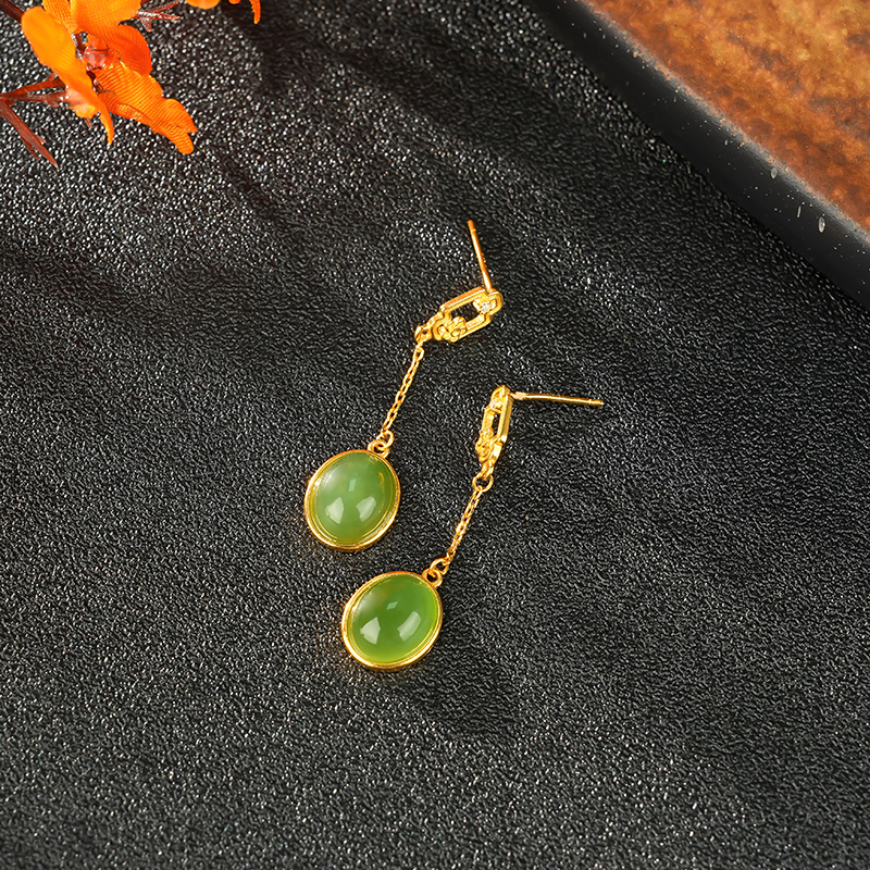 S925 Sterling Silver Green Hetian Jade Drop Earrings - KTB001_08