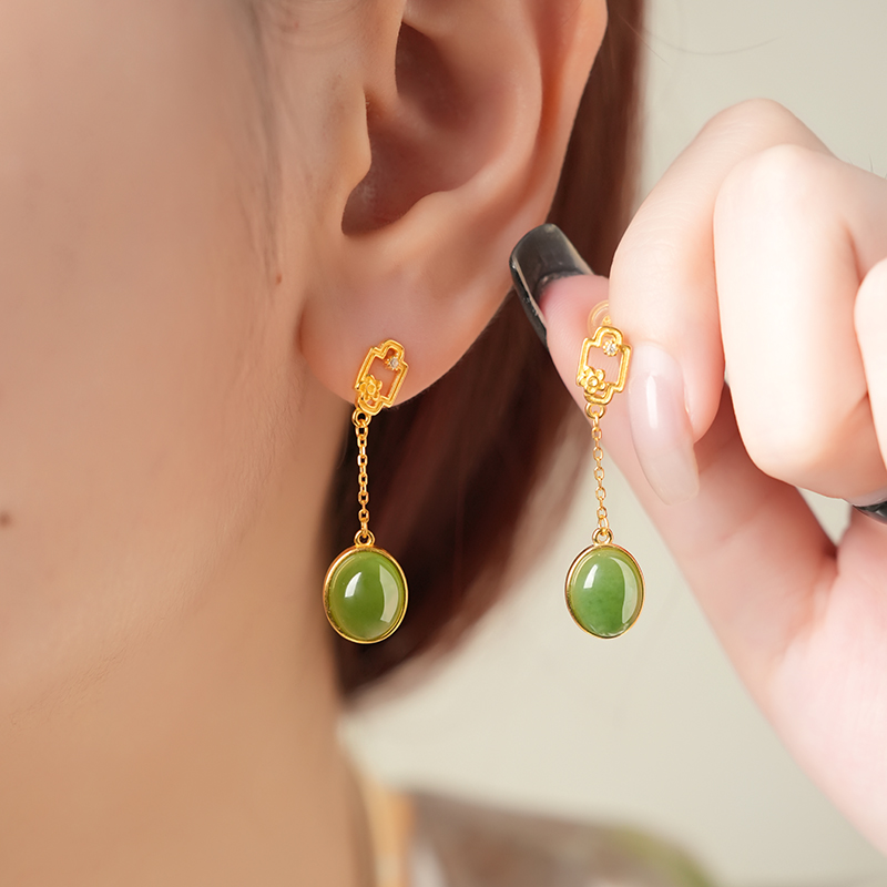 S925 Sterling Silver Green Hetian Jade Drop Earrings - KTB001_09