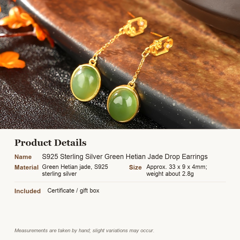S925 Sterling Silver Green Hetian Jade Drop Earrings - product details in English