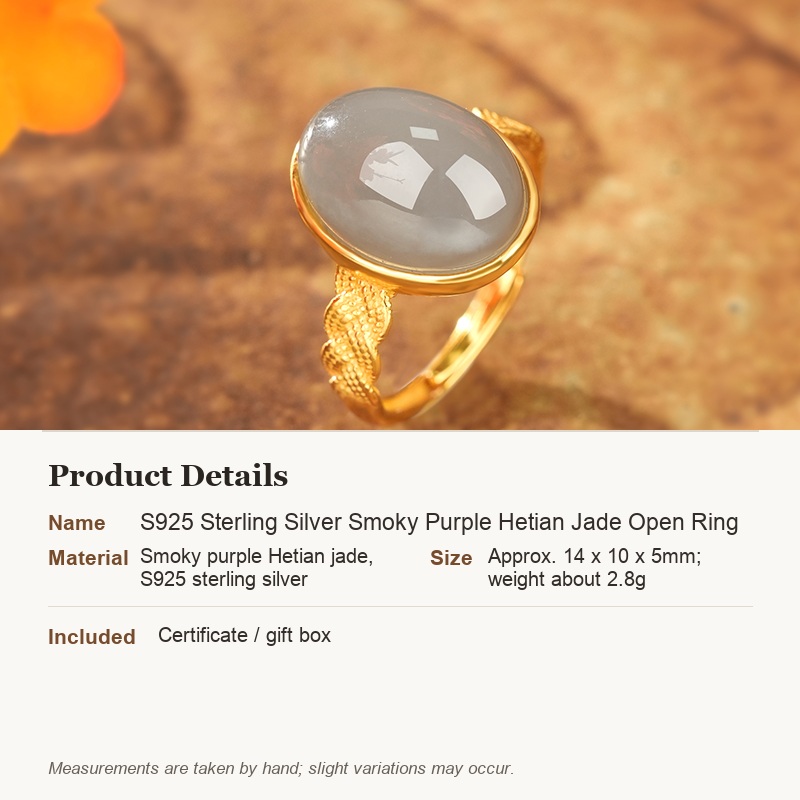 S925 Sterling Silver Smoky Purple Hetian Jade Open Ring - product details in English