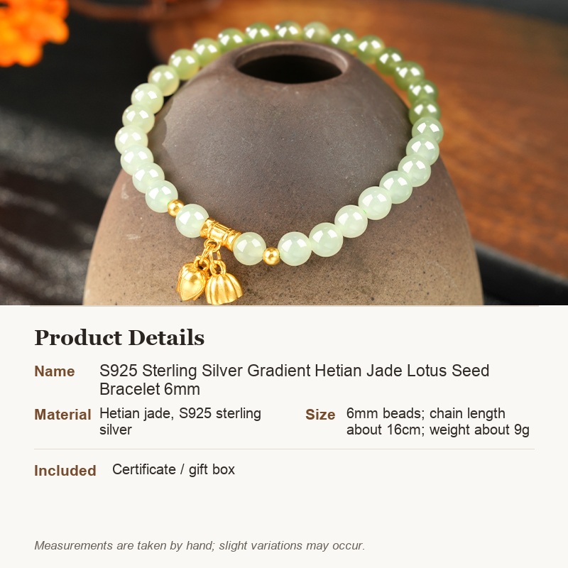 S925 Sterling Silver Gradient Hetian Jade Lotus Seed Bracelet 6mm - product details in English