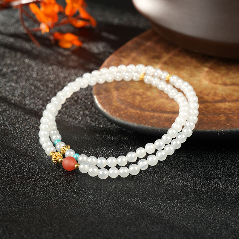 S925 Sterling Silver White Hetian Jade Double-Loop Bracelet 4mm - TZ402_03