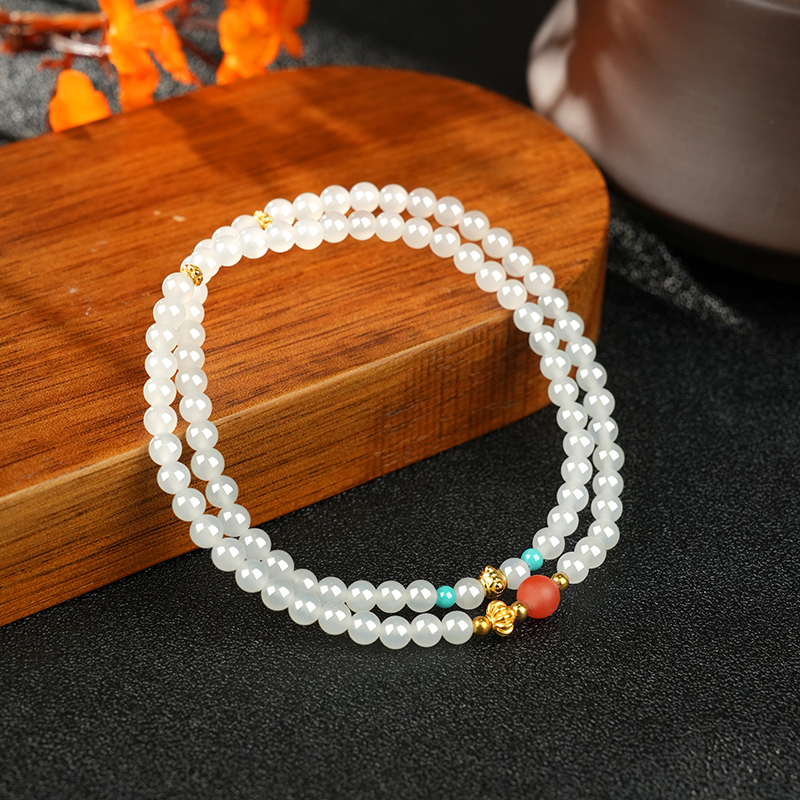 S925 Sterling Silver White Hetian Jade Double-Loop Bracelet 4mm - TZ402_04
