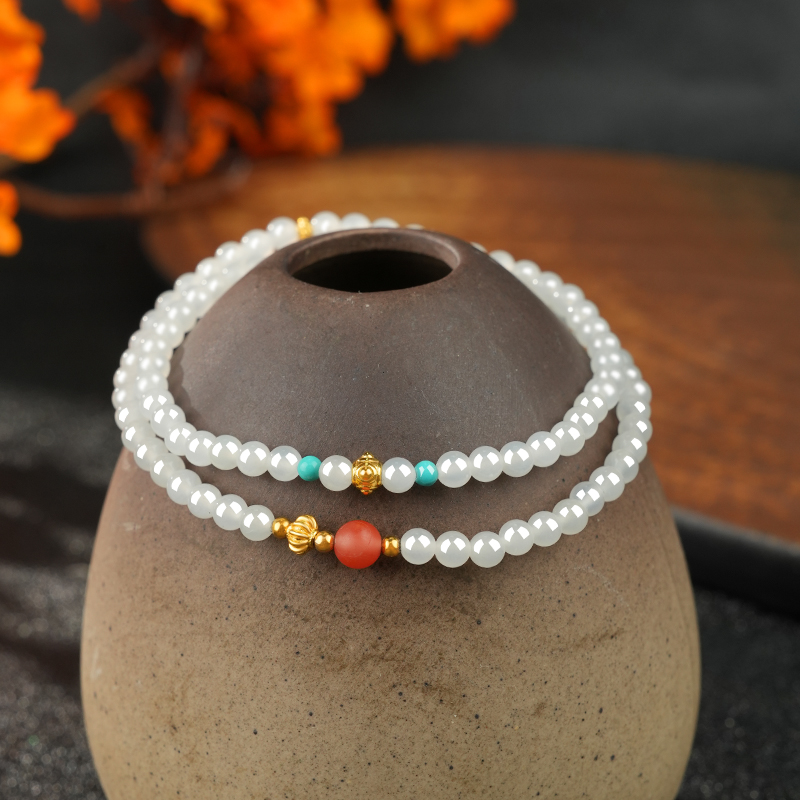 S925 Sterling Silver White Hetian Jade Double-Loop Bracelet 4mm - TZ402_05