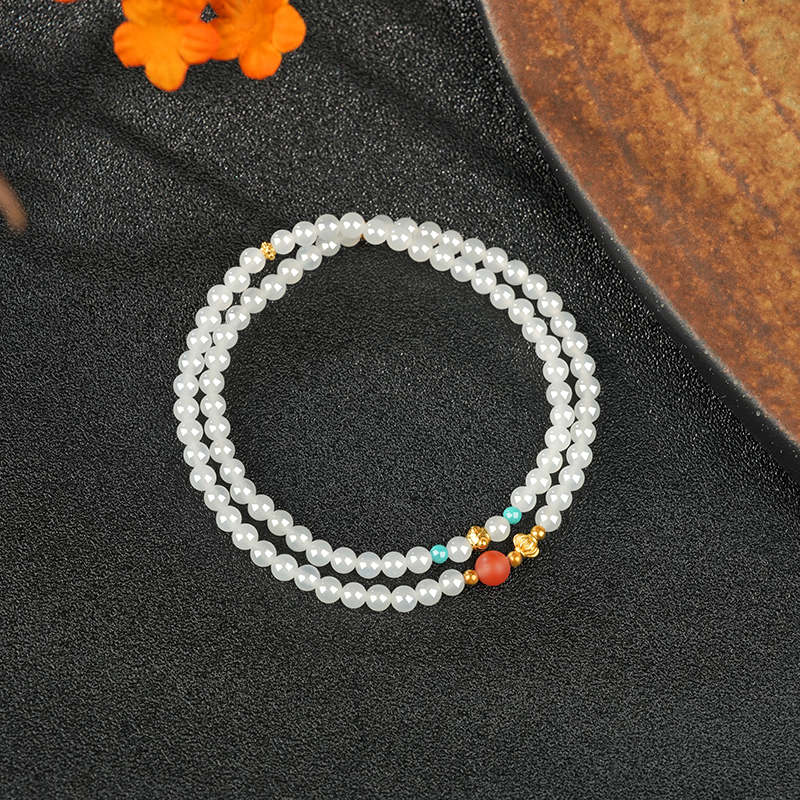 S925 Sterling Silver White Hetian Jade Double-Loop Bracelet 4mm - TZ402_06