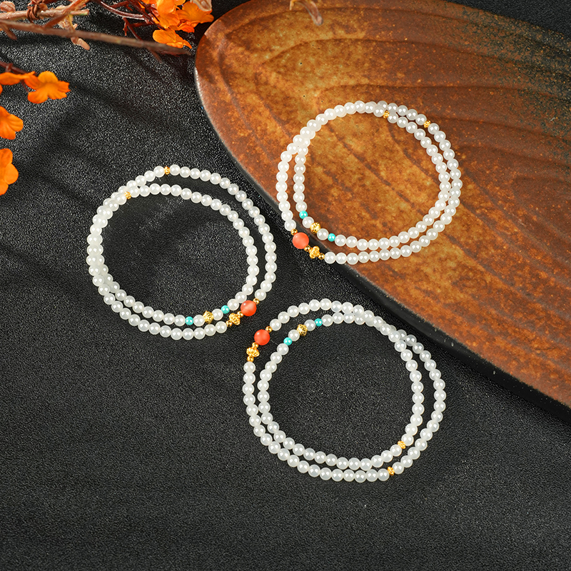 S925 Sterling Silver White Hetian Jade Double-Loop Bracelet 4mm - TZ402_07
