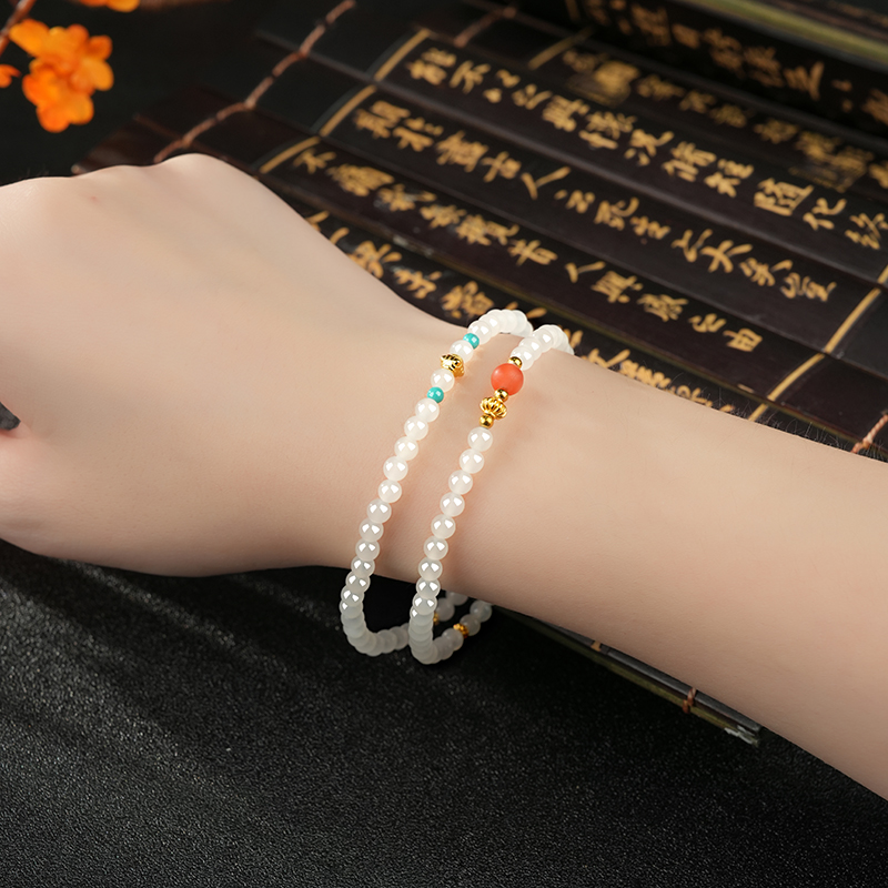 S925 Sterling Silver White Hetian Jade Double-Loop Bracelet 4mm - TZ402_08