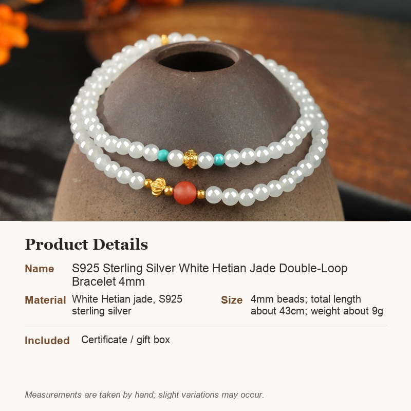 S925 Sterling Silver White Hetian Jade Double-Loop Bracelet 4mm - product details in English