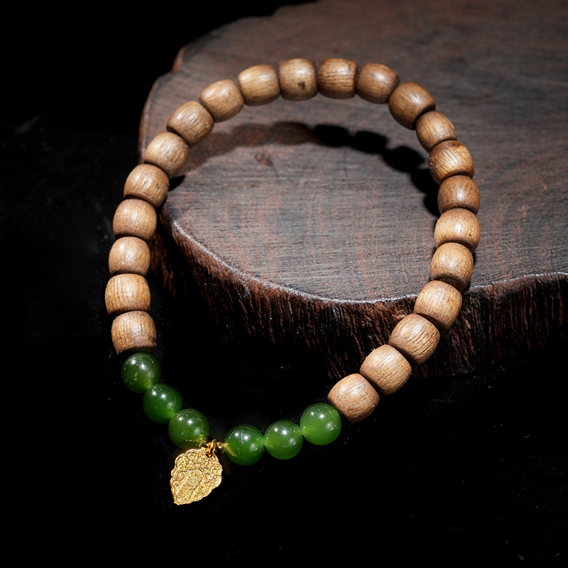 Green Hetian Jade &amp; Sandalwood Bead Bracelet 6mm - TZ454_02