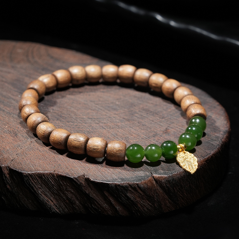 Green Hetian Jade &amp; Sandalwood Bead Bracelet 6mm - TZ454_03