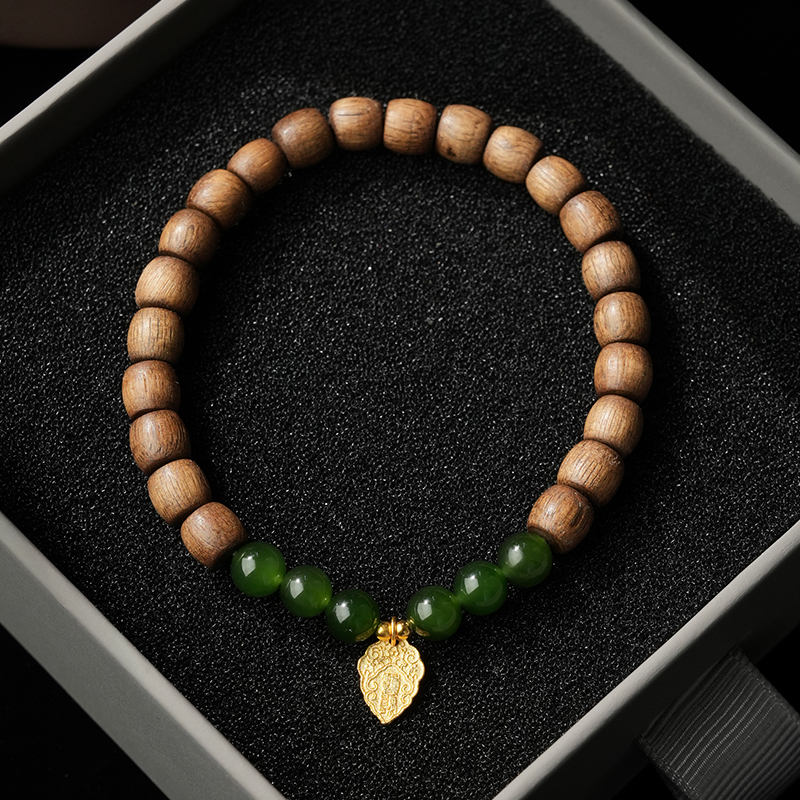 Green Hetian Jade &amp; Sandalwood Bead Bracelet 6mm - TZ454_04