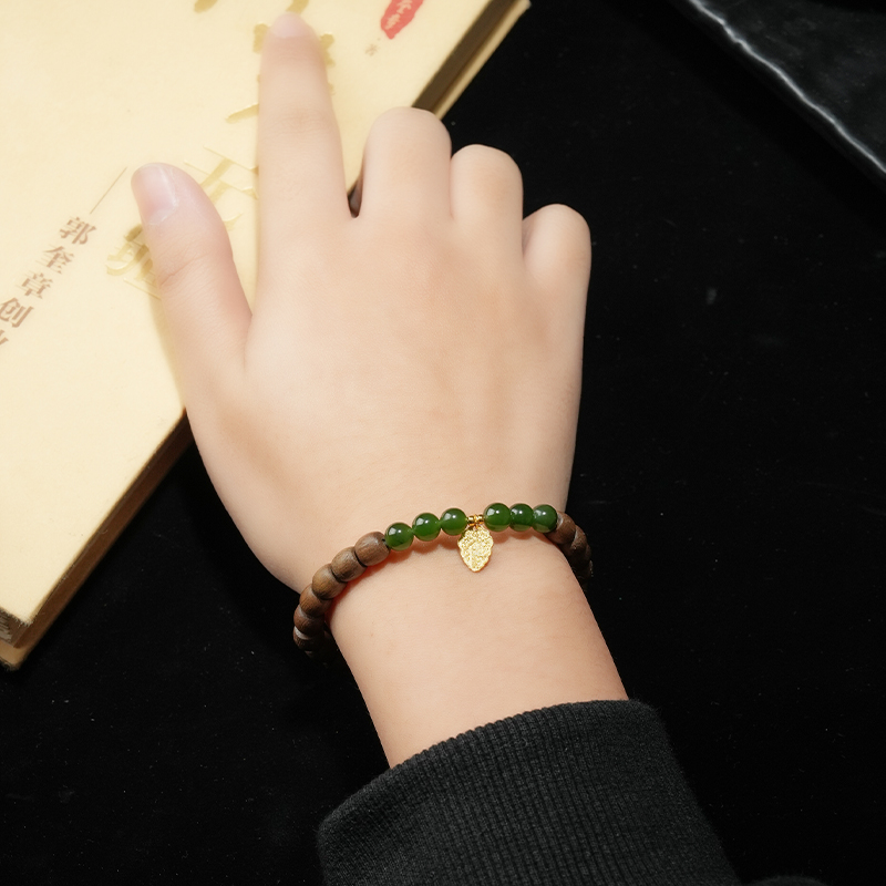 Green Hetian Jade &amp; Sandalwood Bead Bracelet 6mm - TZ454_05