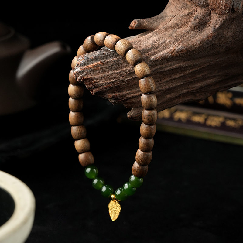Green Hetian Jade &amp; Sandalwood Bead Bracelet 6mm - TZ454_07