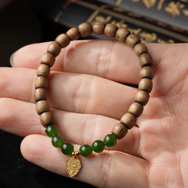 Green Hetian Jade &amp; Sandalwood Bead Bracelet 6mm - TZ454_08