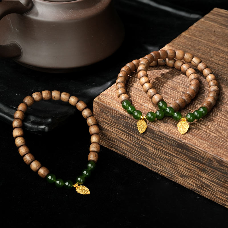 Green Hetian Jade &amp; Sandalwood Bead Bracelet 6mm - TZ454_09