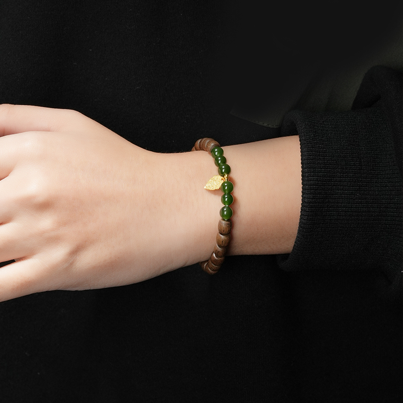 Green Hetian Jade &amp; Sandalwood Bead Bracelet 6mm - TZ454_10