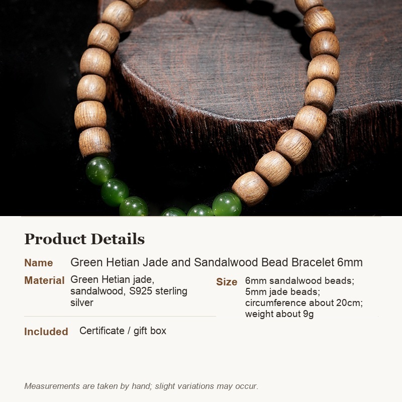 Green Hetian Jade and Sandalwood Bead Bracelet 6mm - product details in English