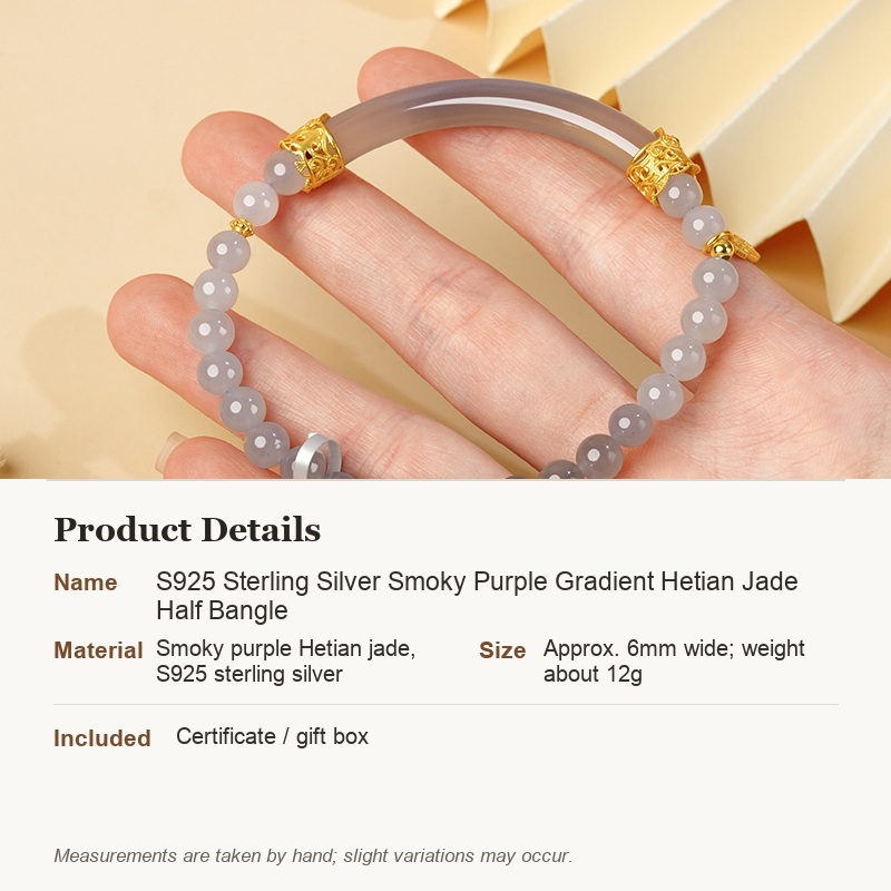 S925 Sterling Silver Smoky Purple Gradient Hetian Jade Half Bangle - product details in English