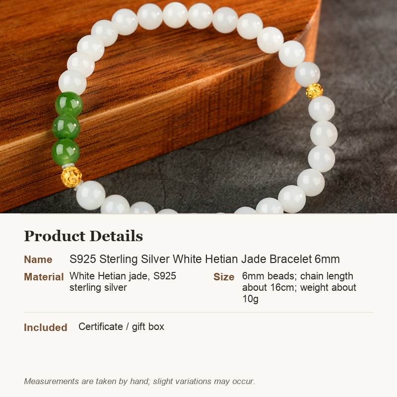 S925 Sterling Silver White Hetian Jade Bracelet 6mm - product details in English