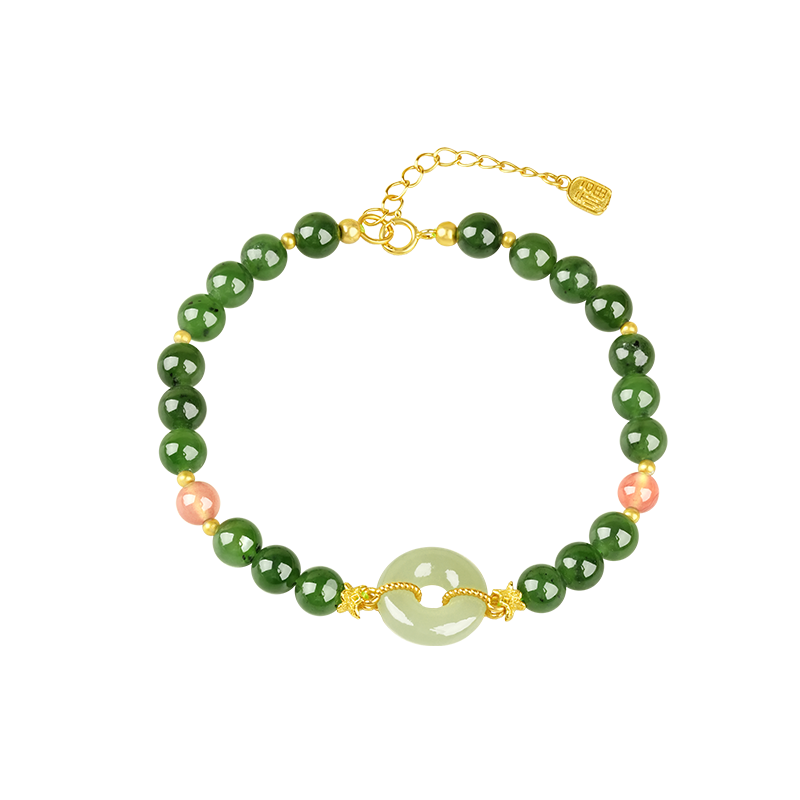 S925 Sterling Silver 6mm Green Hetian Jade Peace Buckle Bracelet