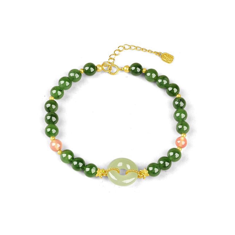 S925 Sterling Silver 6mm Green Hetian Jade Peace Buckle Bracelet - TZ788_02
