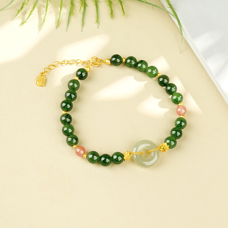 S925 Sterling Silver 6mm Green Hetian Jade Peace Buckle Bracelet - TZ788_04