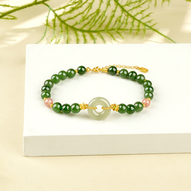 S925 Sterling Silver 6mm Green Hetian Jade Peace Buckle Bracelet - TZ788_05