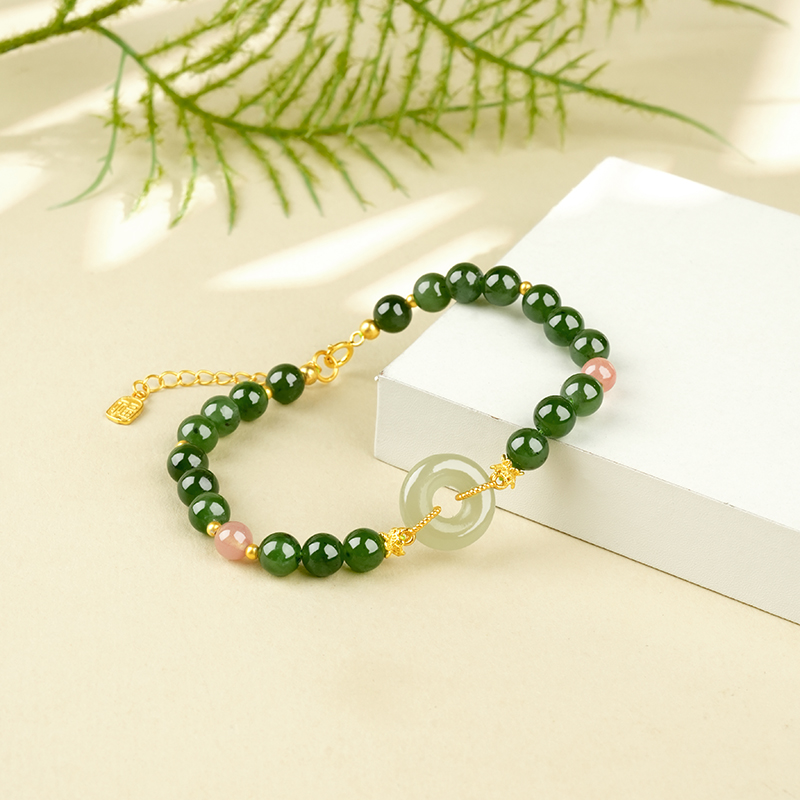 S925 Sterling Silver 6mm Green Hetian Jade Peace Buckle Bracelet - TZ788_06