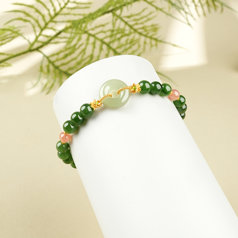 S925 Sterling Silver 6mm Green Hetian Jade Peace Buckle Bracelet - TZ788_07