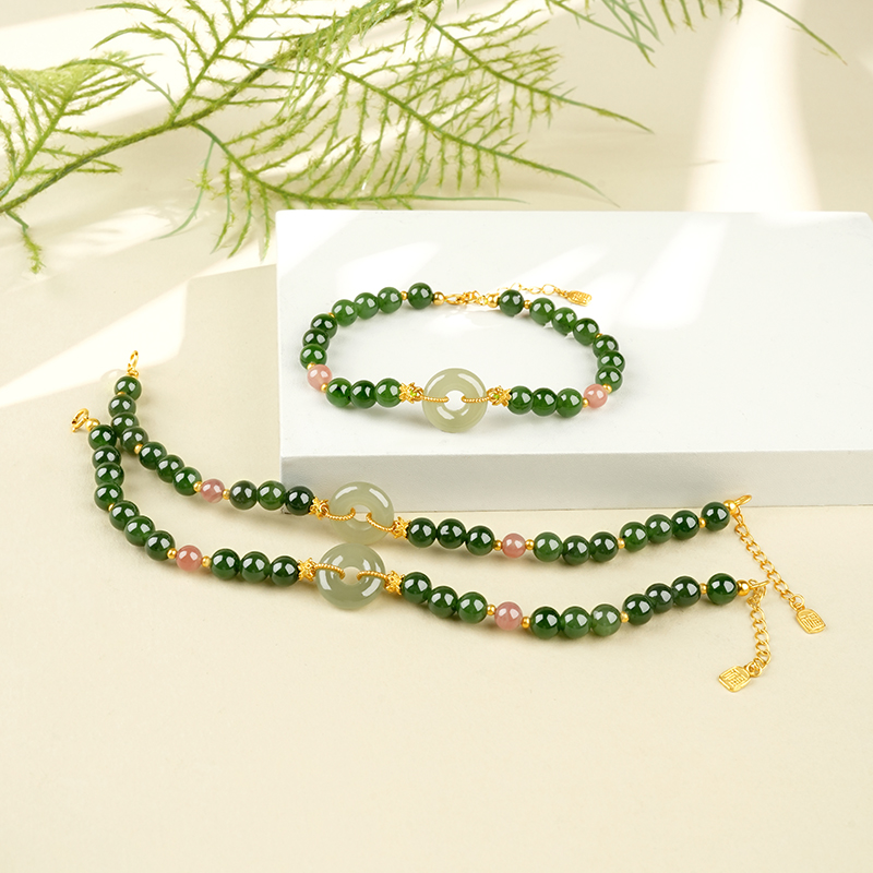 S925 Sterling Silver 6mm Green Hetian Jade Peace Buckle Bracelet - TZ788_08