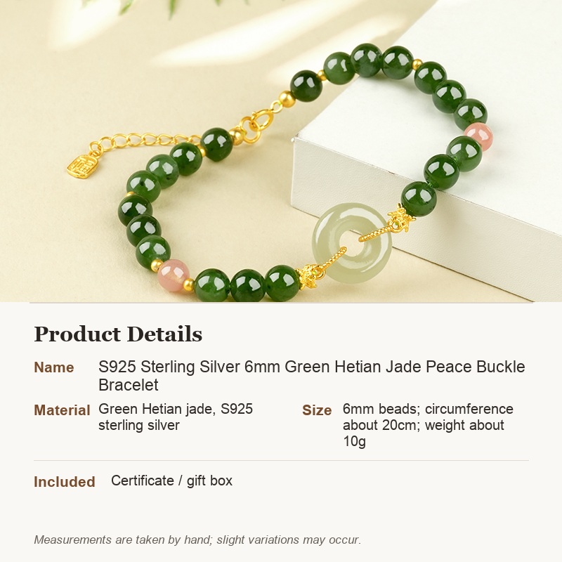 S925 Sterling Silver 6mm Green Hetian Jade Peace Buckle Bracelet - product details in English