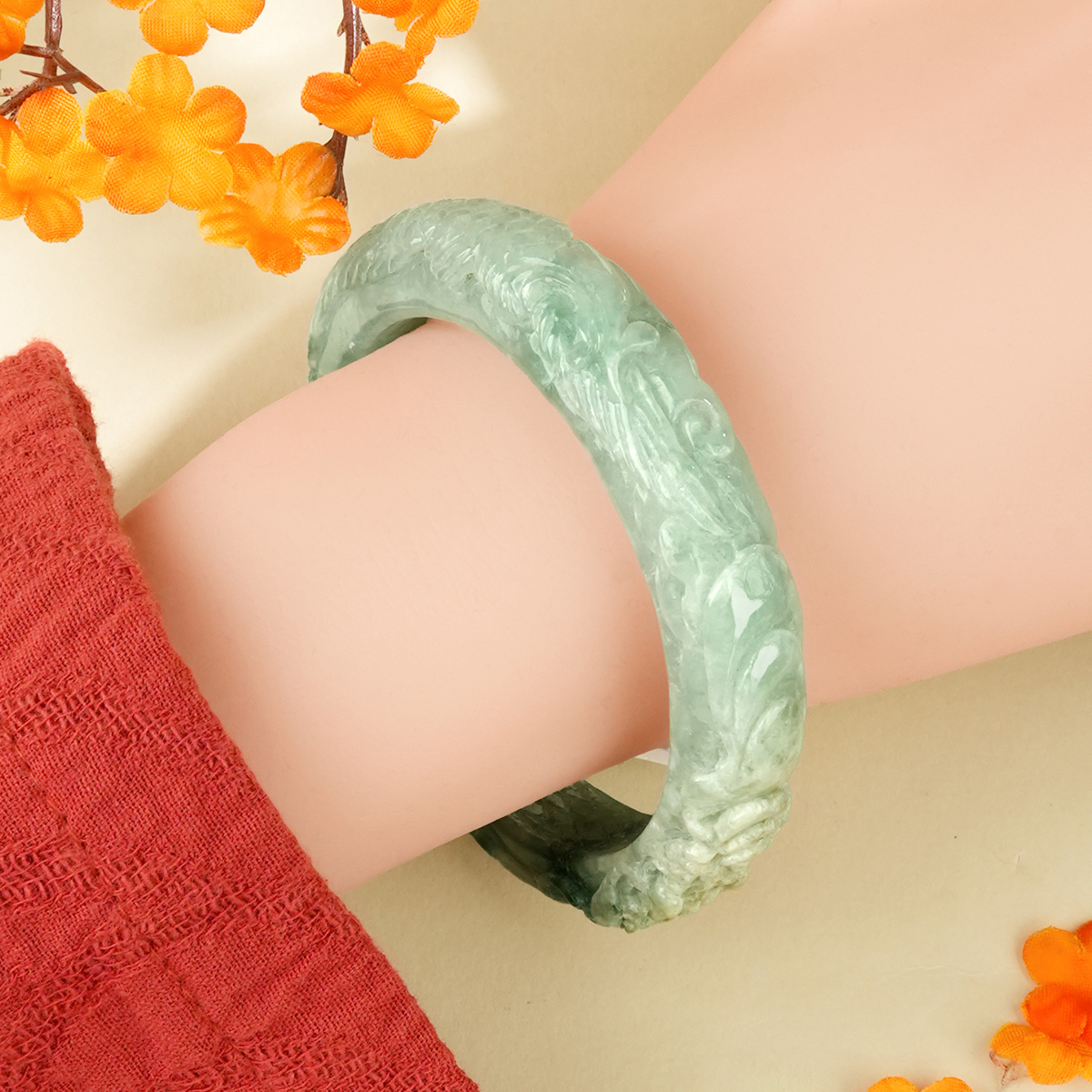 White and Green Jadeite Bangle - CMM025 - image 4